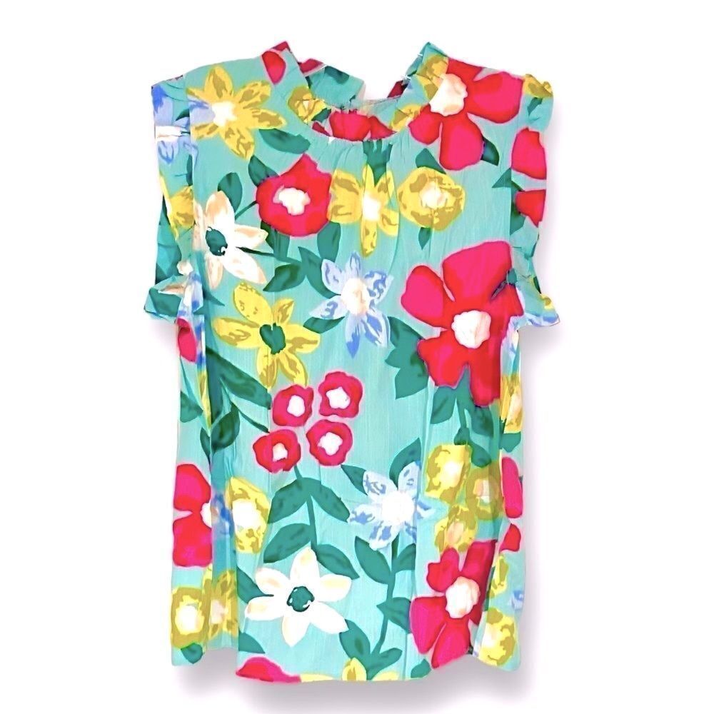 🔴2 for 50🔴Boutique blouse green floral ruffle sleevelss Medium